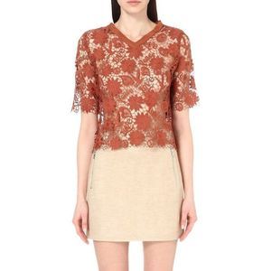 SANDRO Edma Love Peace Floral-lace Embroidered Top In Brique Size 3 Large